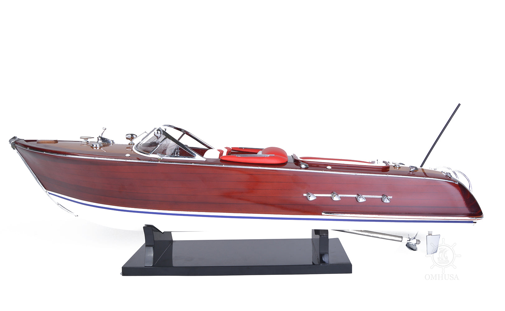 Old Modern Handicrafts Riva Aquarama Exclusive Edition RC speedboat model side profile with  finsihed body and chrome accents