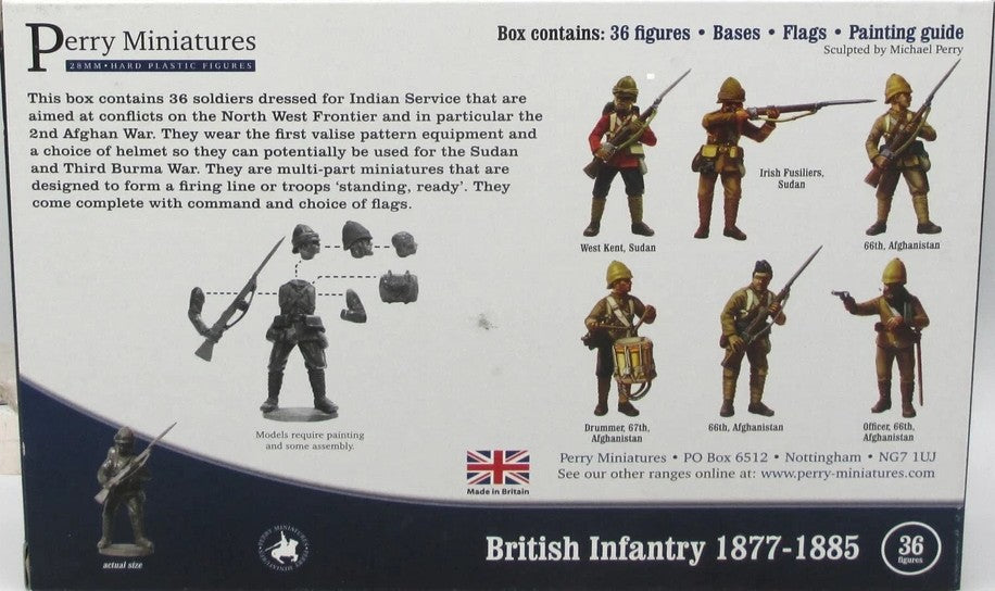 Perry Miniatures Briiths Infantry 1877-85 Back of box showing painted British infantry figures for Afghan and Sudan campaigns