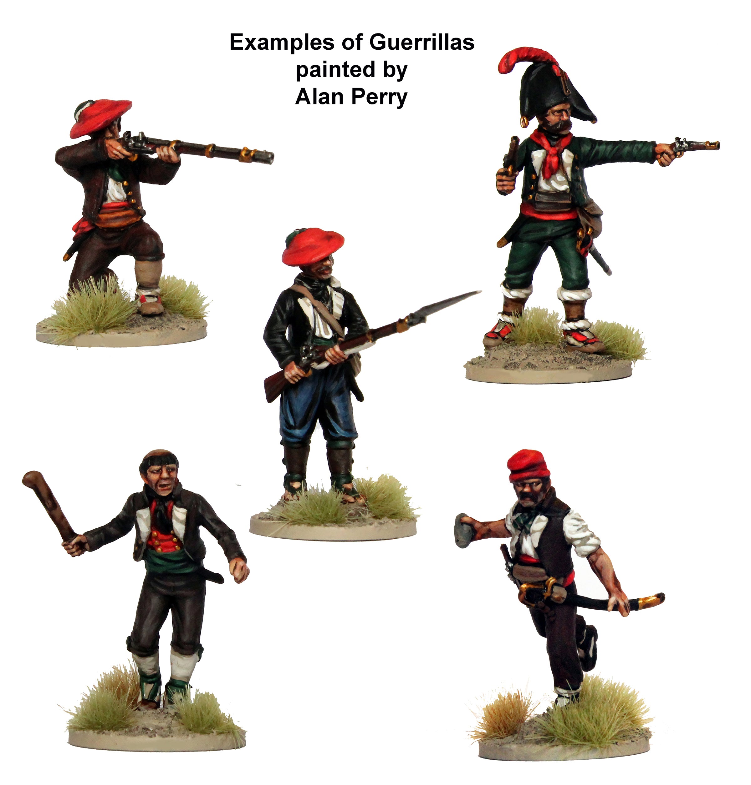 Painted 28mm Spanish guerrilla skirmishers including rock thrower figure by Alan Perry