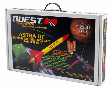 Quest Astra III Flying Model Rocket Starter Set retail box angled view