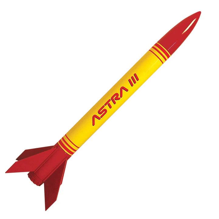 Assembled Quest Astra III model rocket with yellow body tube and red fin unit