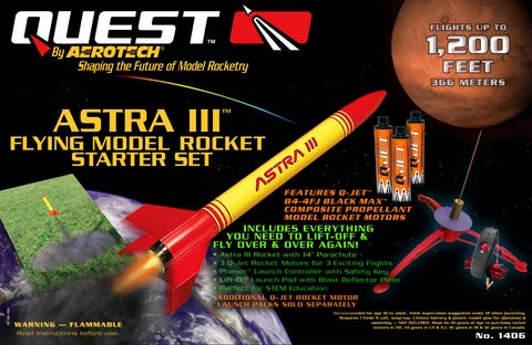 Quest Astra III Flying Model Rocket Starter Set retail box showing kit contents and flight specs