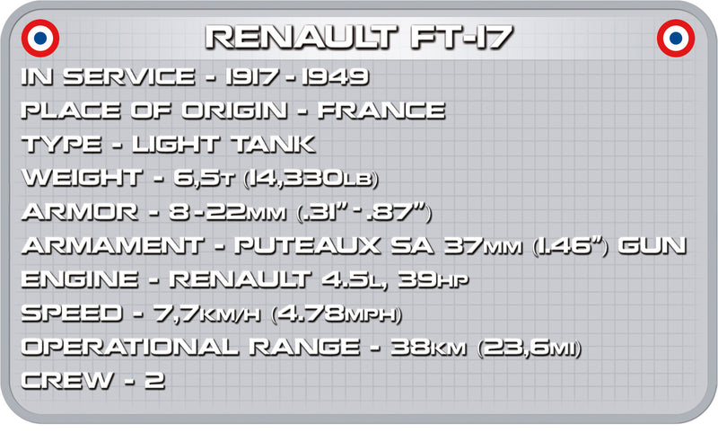 Renault FT-17 French Light Tank WWI, 375 Piece Block Kit Technical Inforamtion