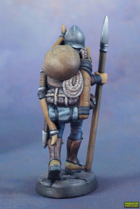 Rear view of painted Reaper Marina Henchwoman figure showing loaded supply backpack and rope coils. 

