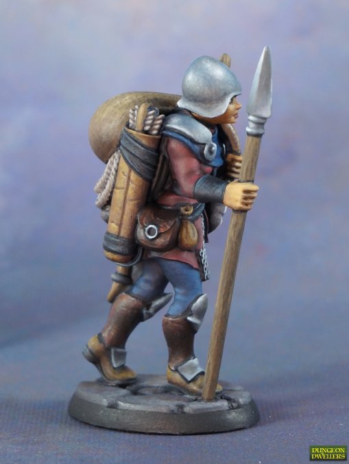 Side angle view of painted Marina Overladen Henchwoman miniature in 28mm scale. 