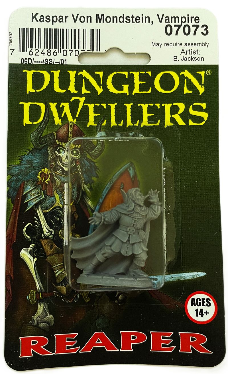 Unpainted Reaper Miniatures Kaspar Von Mondstein Vampire 07073 in Dungeon Dwellers blister packaging.
