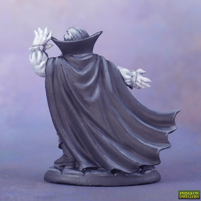 Back view of painted Reaper Kaspar Von Mondstein Vampire figure showing flowing cape details.