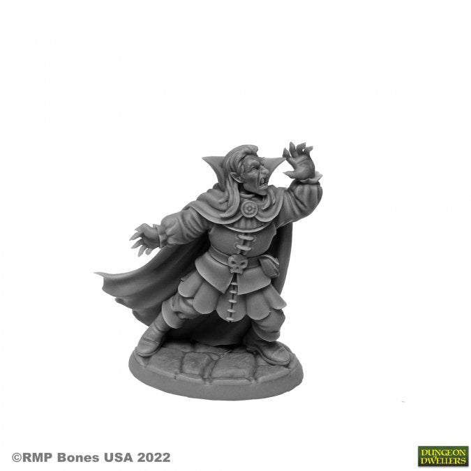 Unpainted Bones USA grey plastic Kaspar Von Mondstein Vampire figure on integral base.
