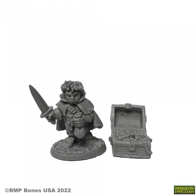 Reaper Miniatures Stitch Thimbletoe Halfling Thief 28mm unpainted plastic figure front view