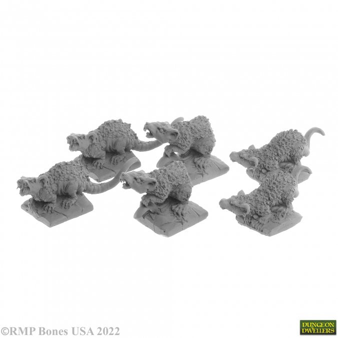 Reaper Miniatures Giant Rats 28mm unpainted plastic figures front view