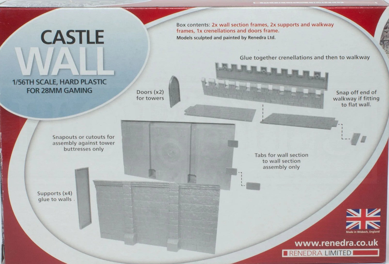 Exploded view assembly diagram for the Renedra Castle Wall showing wall sections, supports, and crenellations.