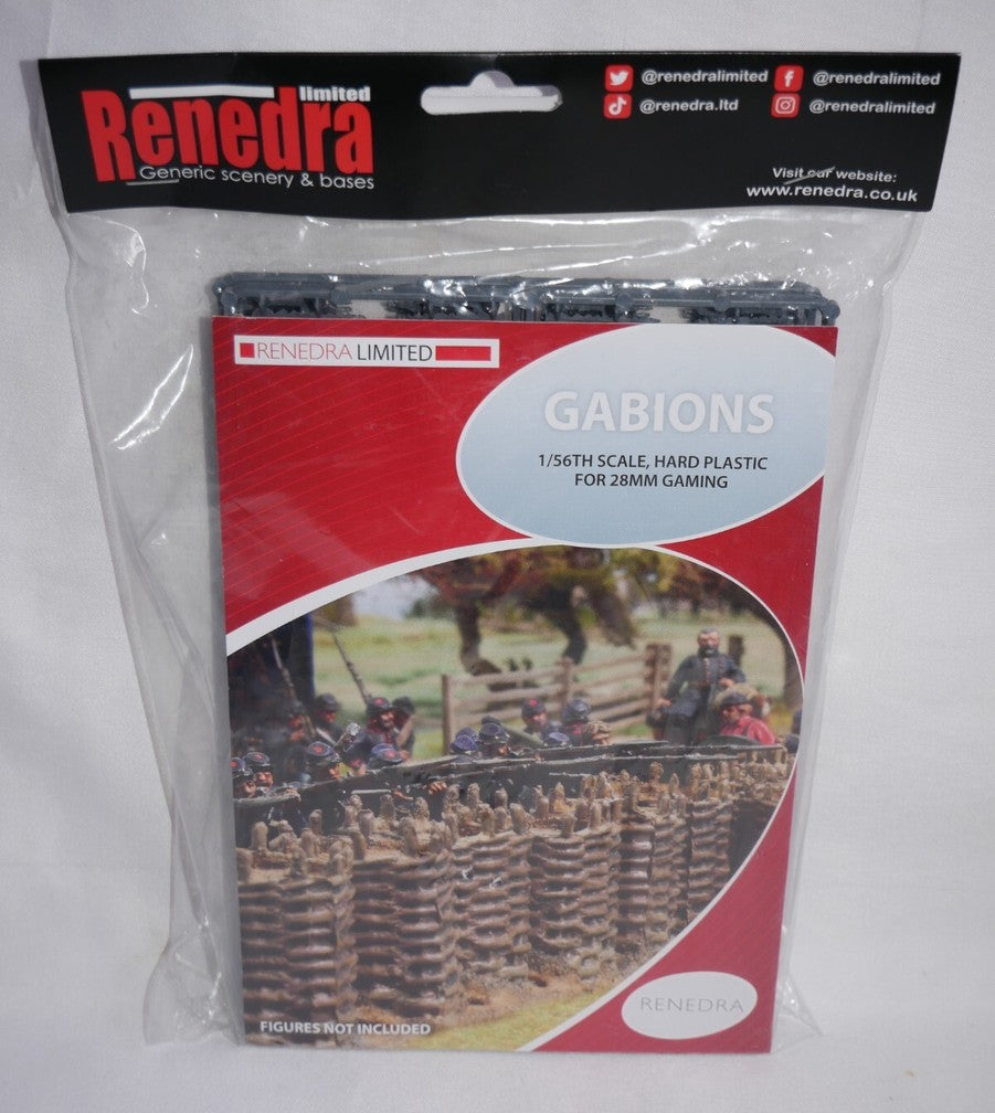 Front view of the Renedra Gabions 28mm scale hard plastic scenery model kit in its retail hanging bag packaging with a red and white cardboard insert.