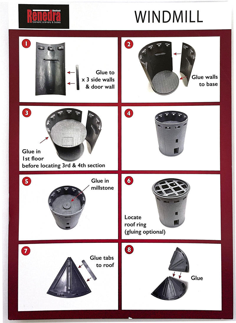 Renedra Windmill instruction guide showing the assembly of the stone walls, internal floors, and millstone