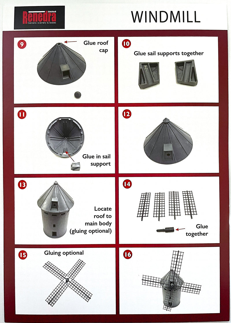 Renedra Windmill instruction guide showing roof construction, sail support assembly, and final sail attachment