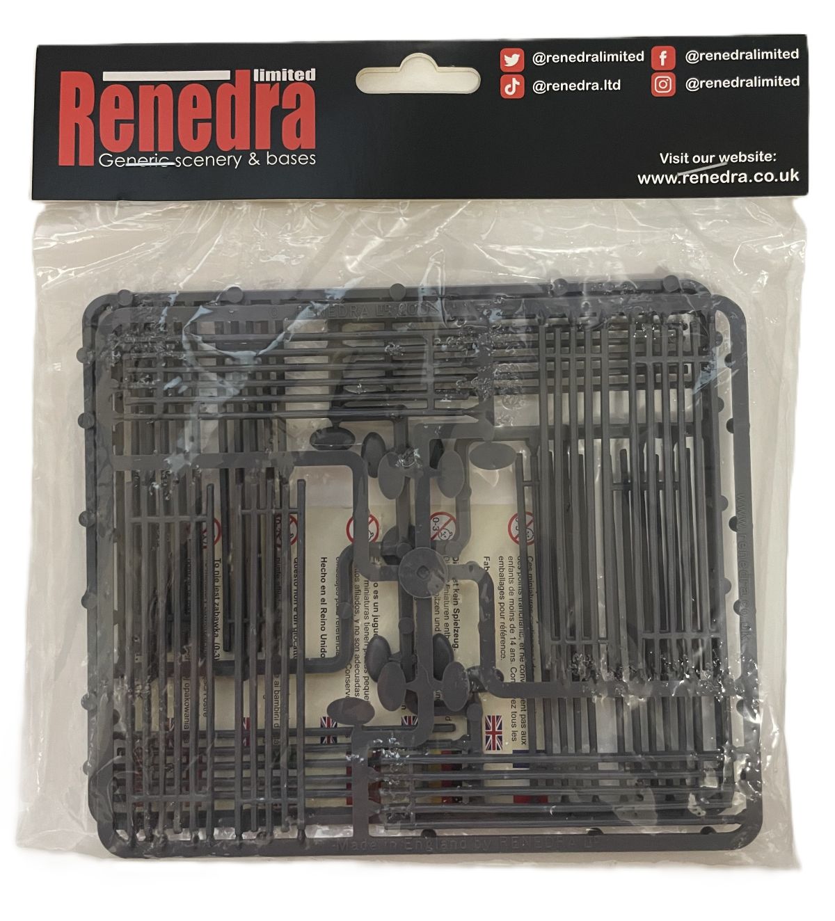Front view of the Renedra Worm Fencing 28mm scale scenery model kit in clear hanging plastic retail packaging with a black header card