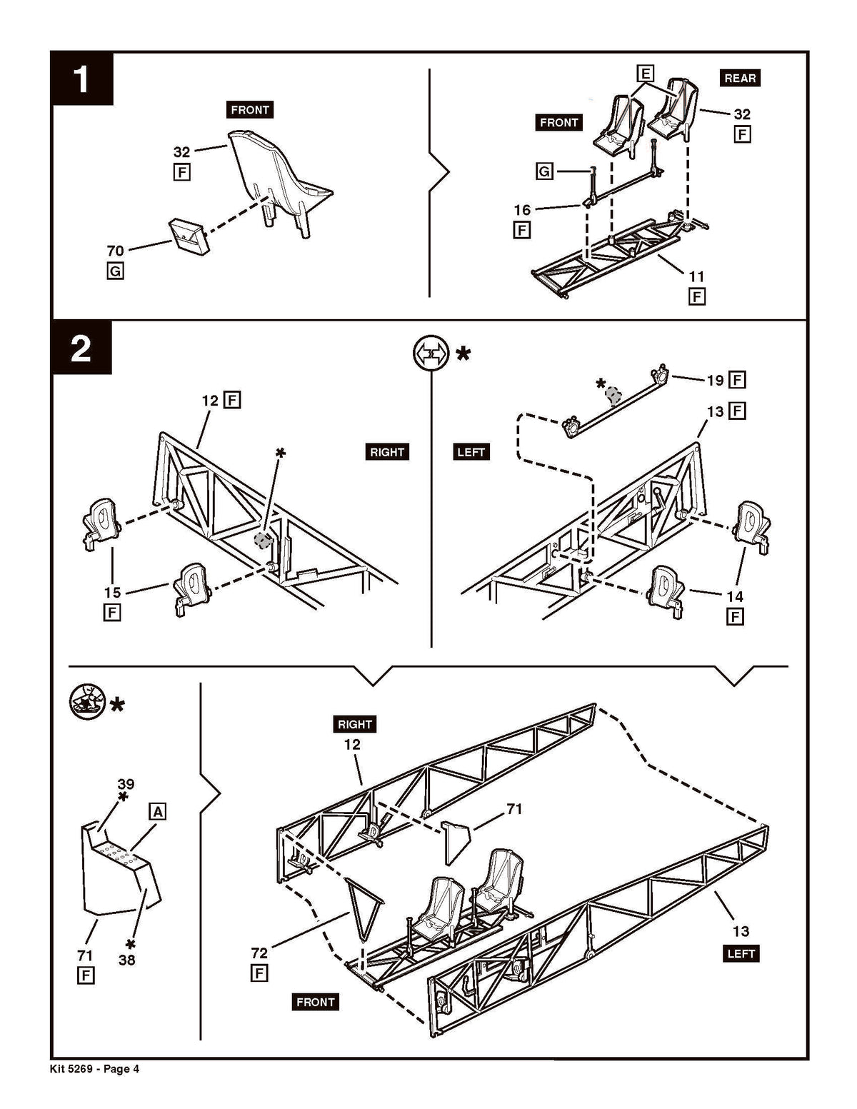 Assembly diagram page 4 showing cockpit frame, dual seats, and internal control layout.