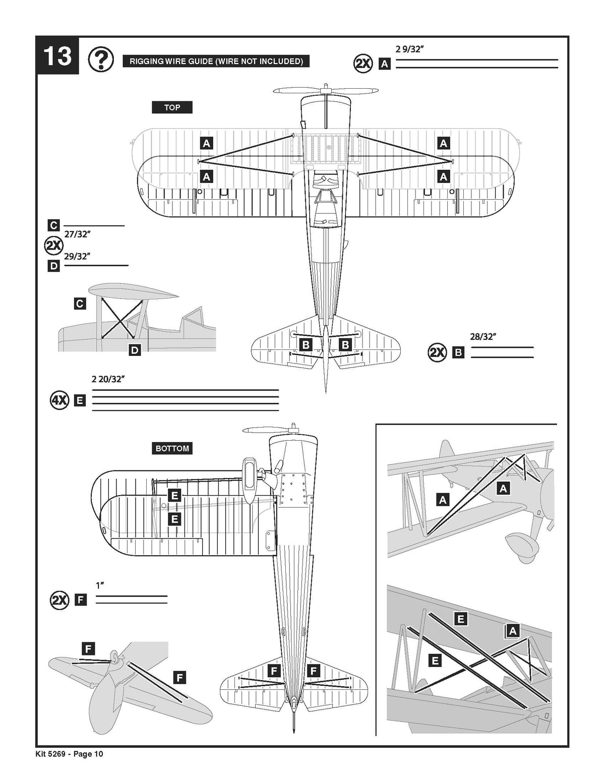 Step-by-step wire rigging layout diagram page 10 for the Stearman 1/48 biplane wings and tail.