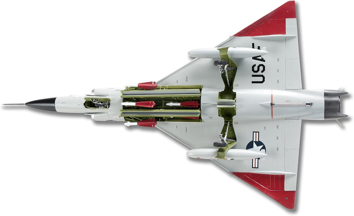 Underside view of completed Revell 1/48 F-102A showing delta wings, drop tanks, and deployed weapons bay.