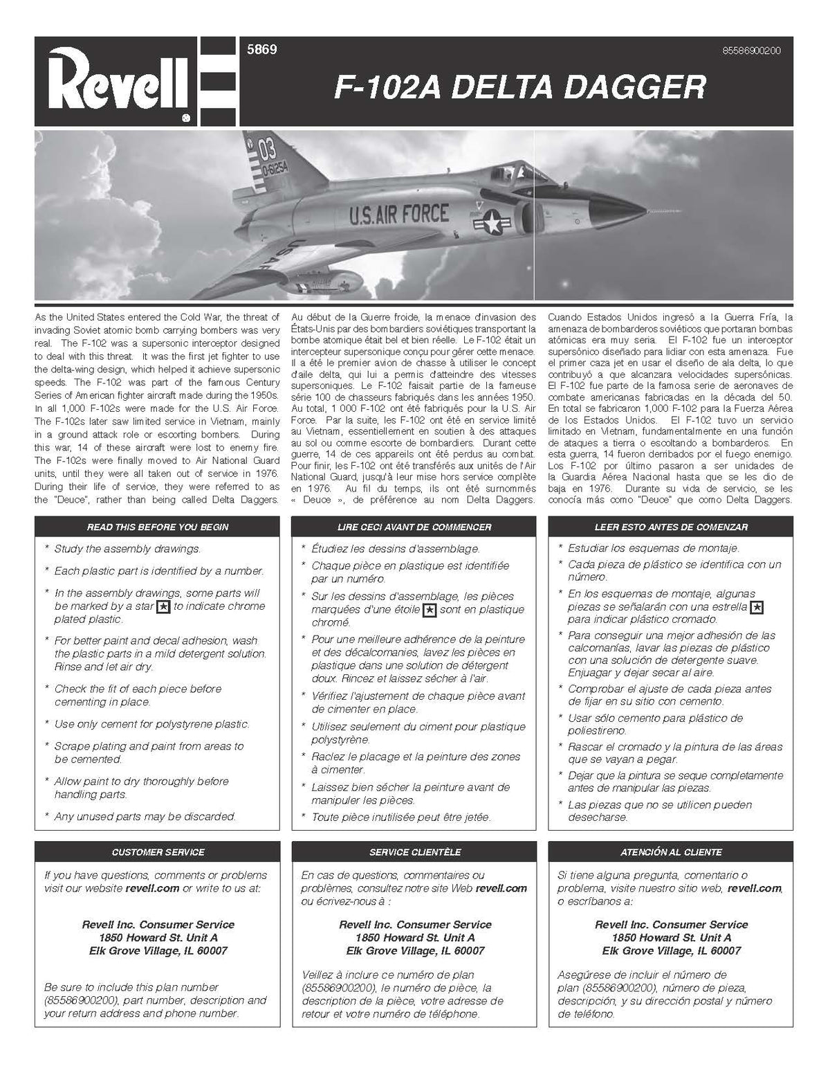 Revell 85-5869 assembly instruction cover page with historical background on the Convair F-102A.