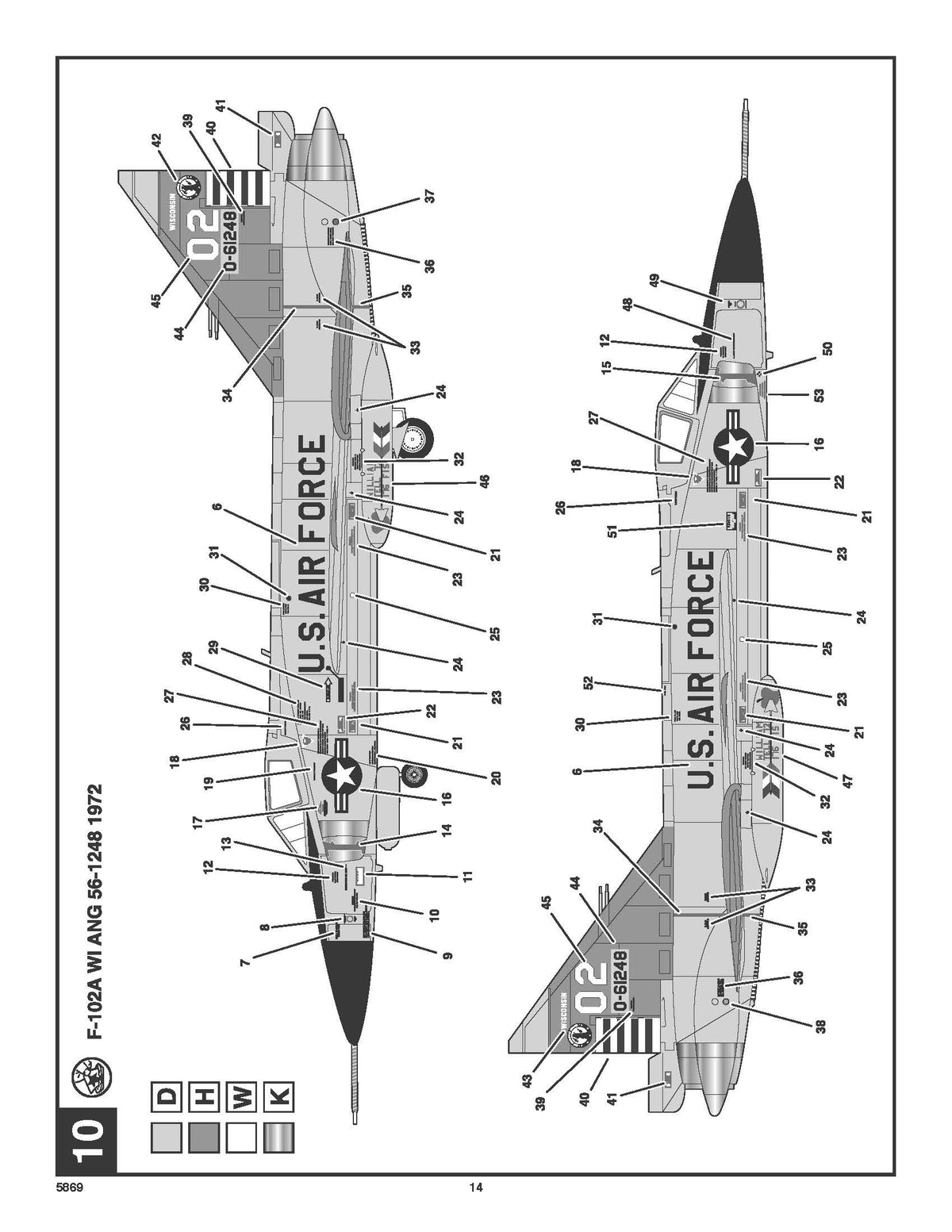 Left and right profile diagram page 14 showing detailed stencil and marking locations for F-102A WI ANG 56-1248.