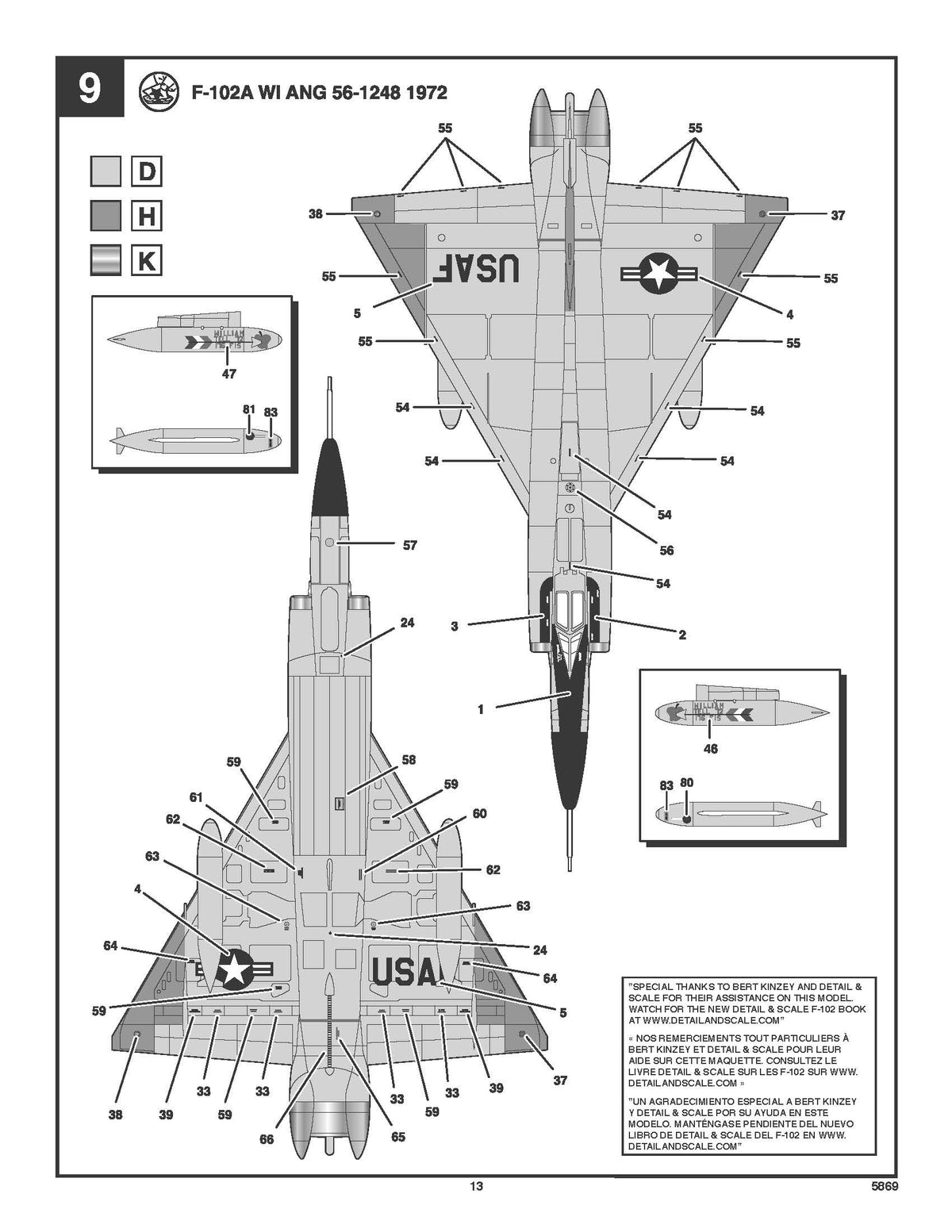 Overhead and bottom decal placement guide page 13 for the Wisconsin Air National Guard 1972 F-102A scheme.