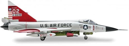 Side profile view of completed Revell 1/48 F-102A Delta Dagger showing USAF markings and red tail.