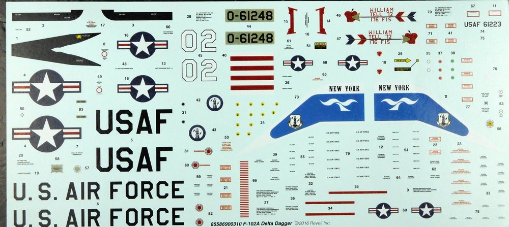 Authentic Revell waterslide decal sheet for F-102A Delta Dagger including USAF national insignia and stencils.