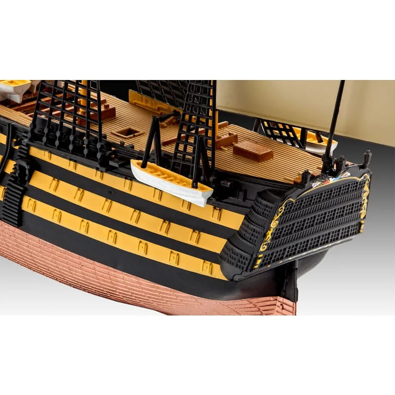 Close-up of painted stern transom gallery and lifeboat detail on Revell Germany 1/450 HMS Victory.