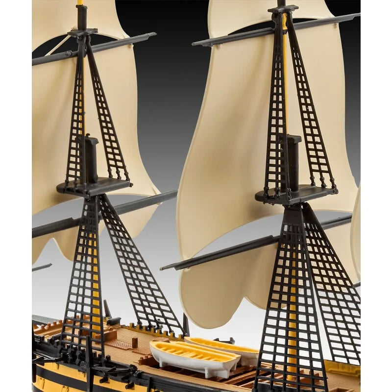 Detail view of single-piece masts, ratlines, and pre-formed billowing sails on Revell 1/450 scale kit