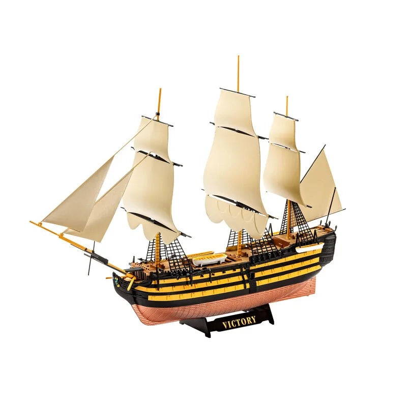 Fully assembled and painted Revell 1/450 scale HMS Victory Trafalgar flagship on display stand.