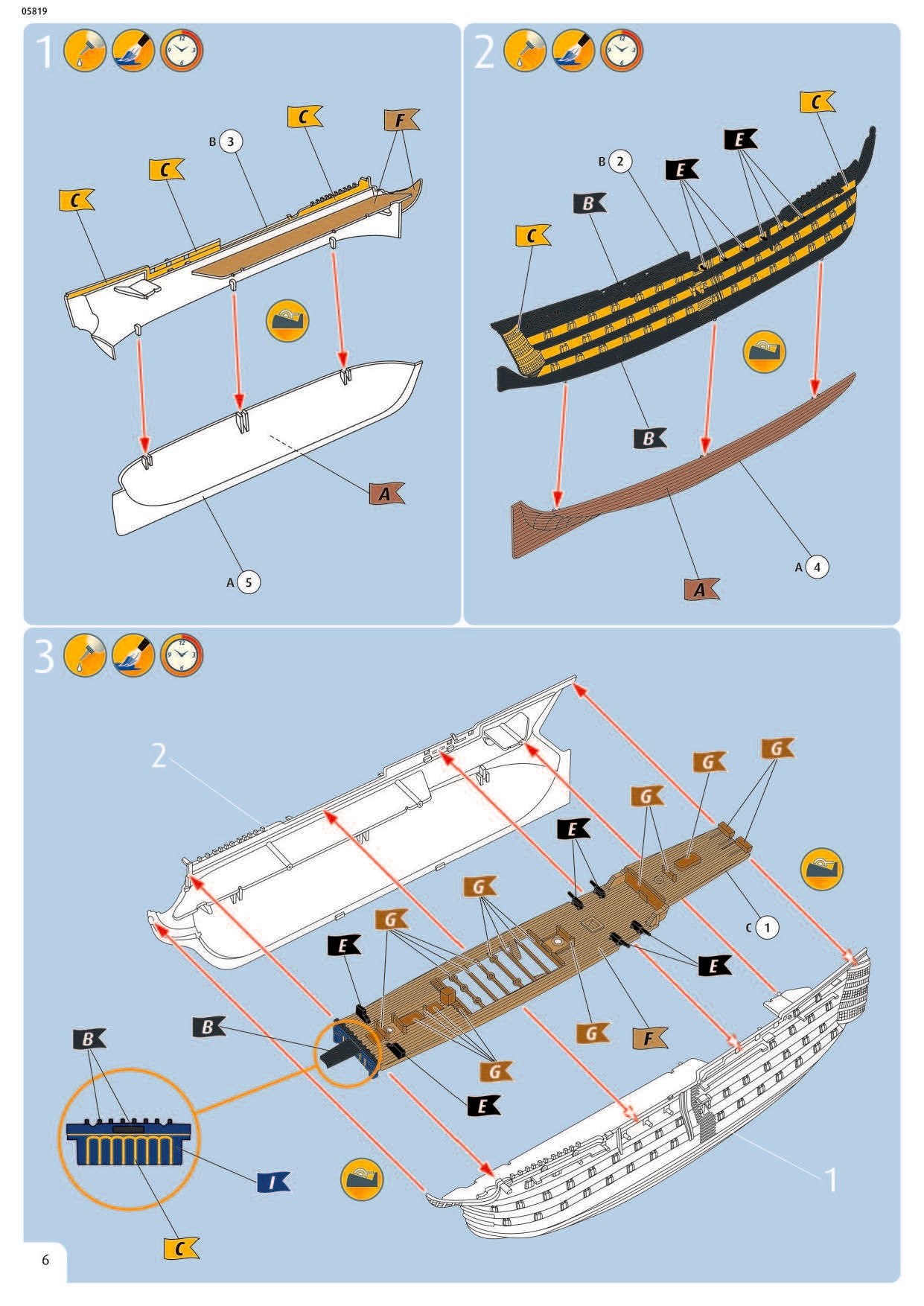 Step-by-step assembly manual page showing lower hull and main gun deck installation steps.