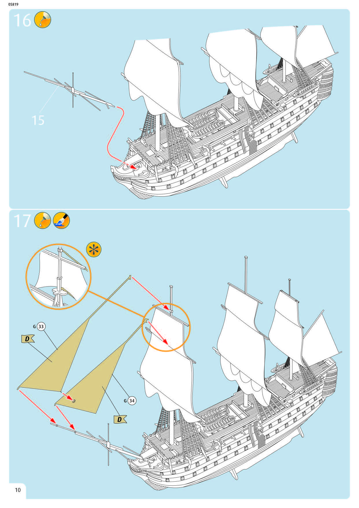 Instruction manual diagram detailing yardarm sail attachment and bowsprit rigging on Revell 05819.