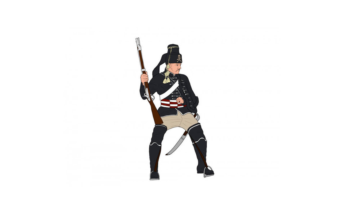 Illustrated front view of 1/72 scale Prussian Black Hussar in braiding with raised carbine.