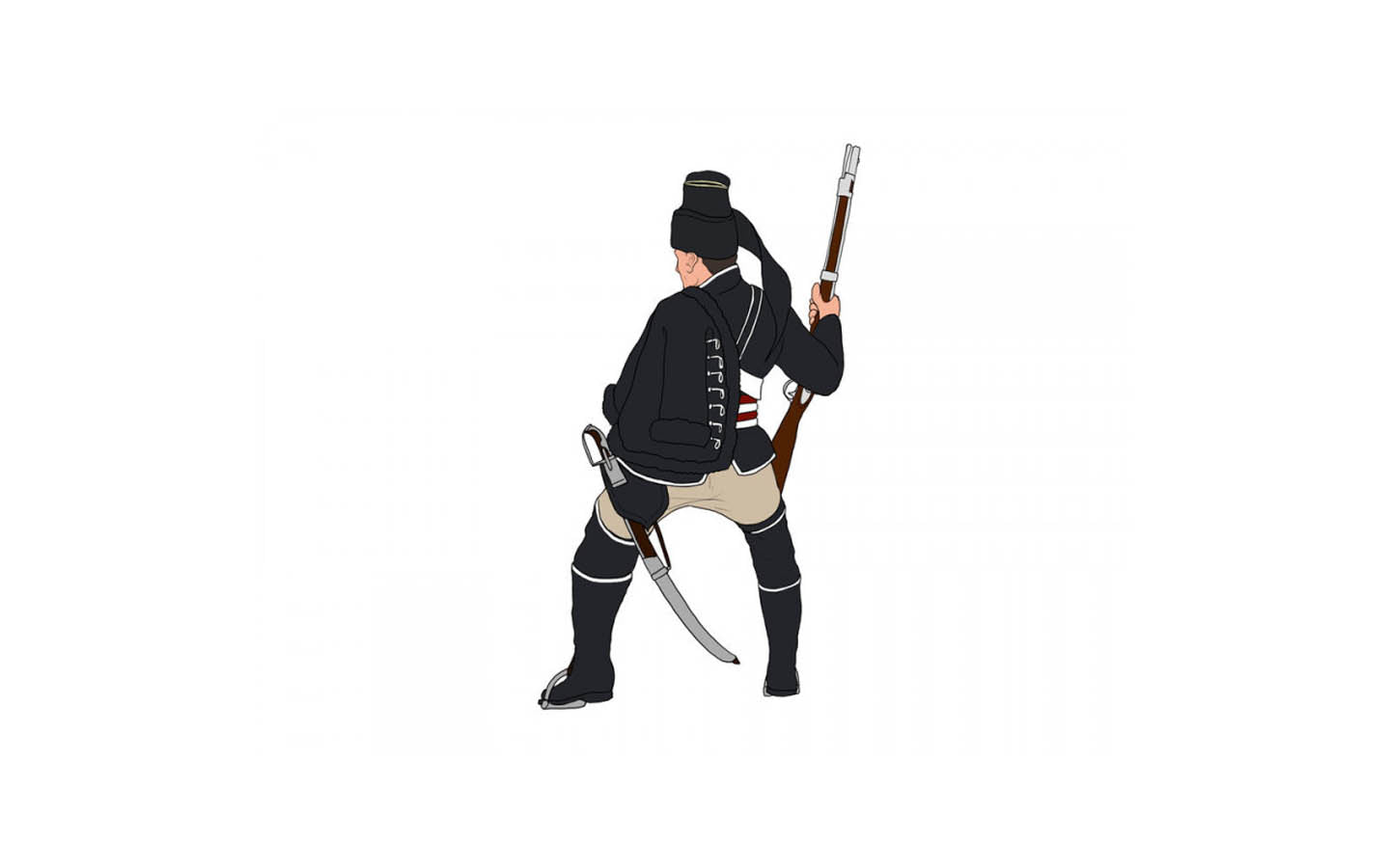 Illustrated rear view of 1/72 scale Prussian Hussar showcasing sash, mirliton headwear, and saber scabbard.