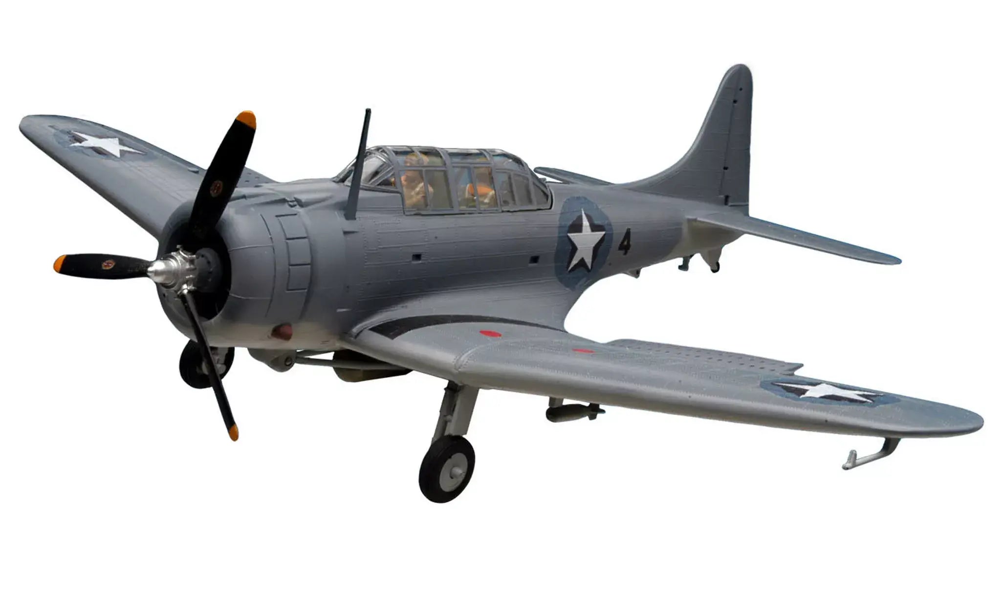 Completed Revell 1/48 SBD Dauntless model aircraft with US Navy markings and propeller detail.