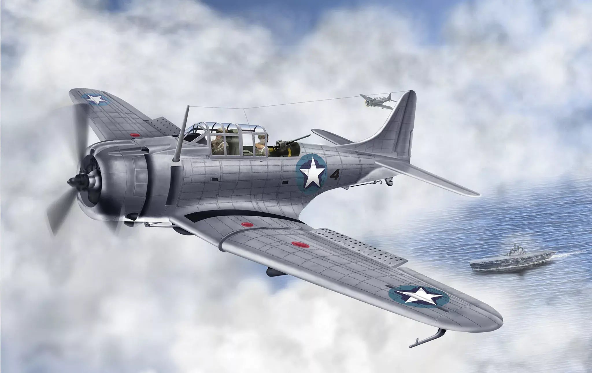 Historical action illustration of an SBD Dauntless dive bomber flying above an aircraft carrier task force.