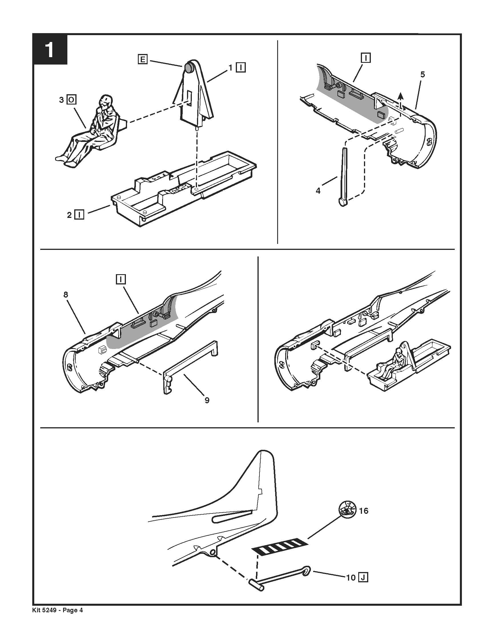Revell 1/48 SBD Dauntless assembly instruction manual diagram page 4 showing cockpit and fuselage steps.