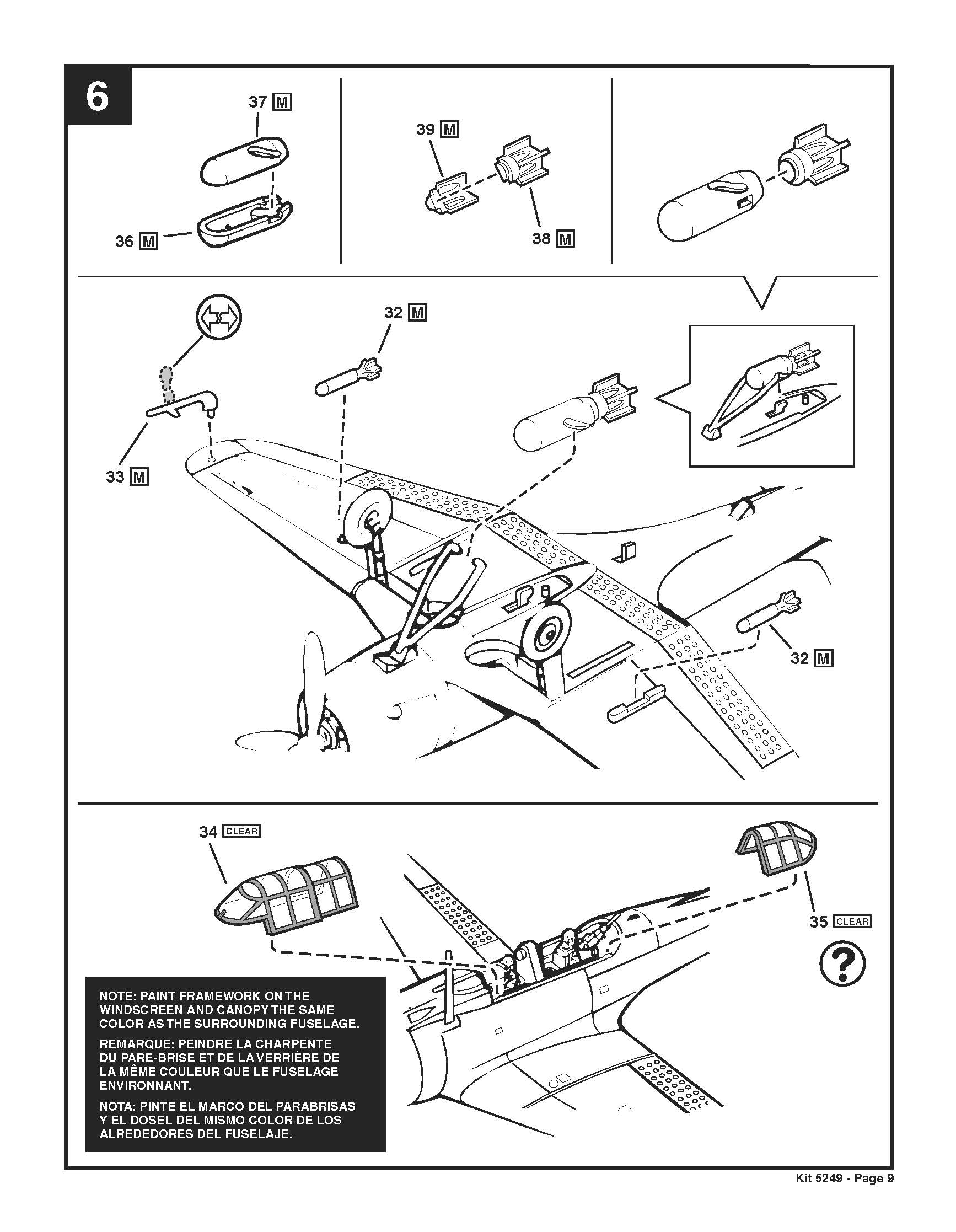 Revell SBD Dauntless instruction sheet page 9 illustrating landing gear, bomb trapeze, and canopy assembly.