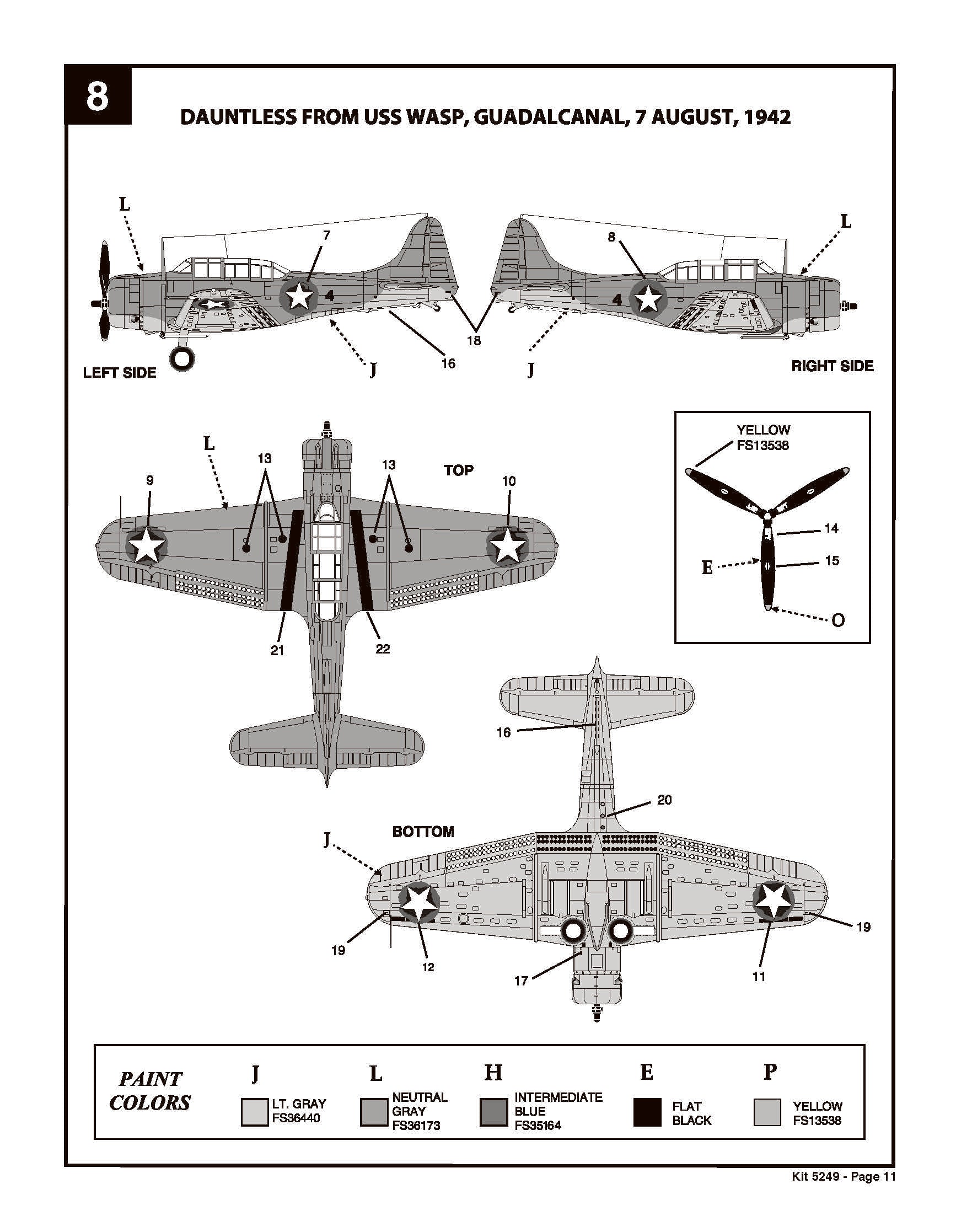 Revell 85-5249 instruction diagram page 11 showing USS Wasp Guadalcanal 1942 camouflage and decal placement.
