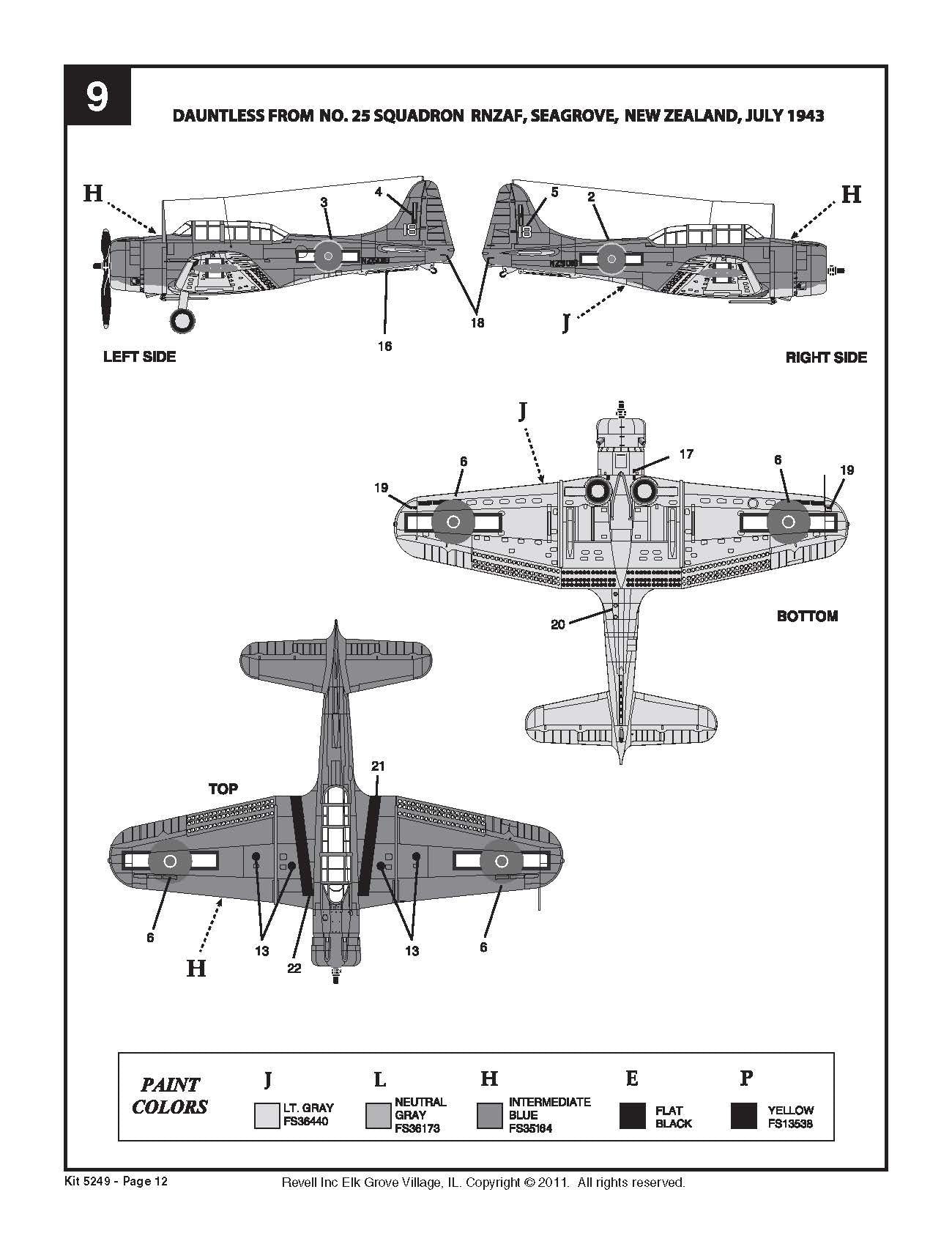 Revell 85-5249 instruction guide page 12 detailing No 25 Squadron RNZAF New Zealand camouflage scheme.