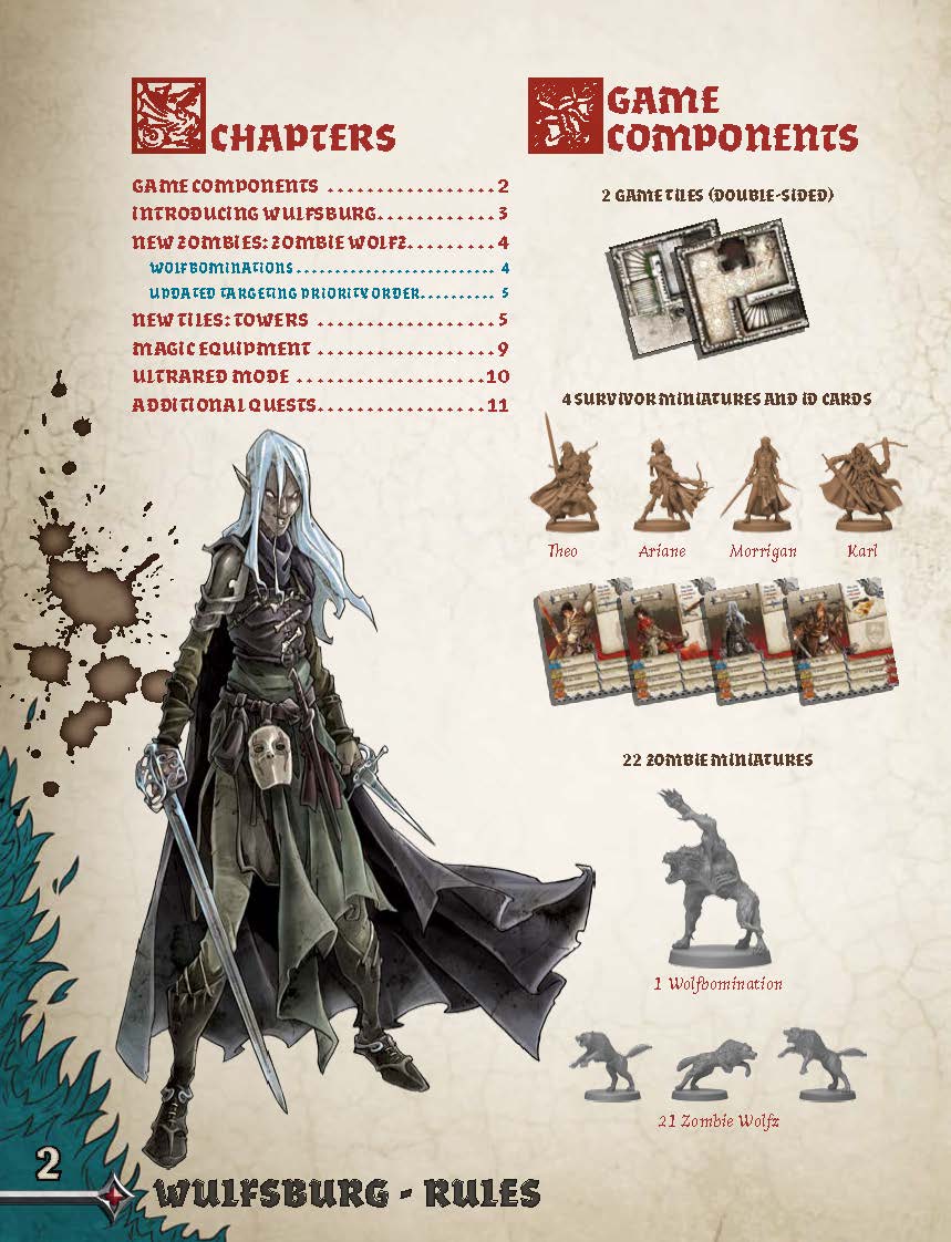 Zombicide: Black Plague Wulfsburg Expansion Game Set Rulebook Page 2 Components