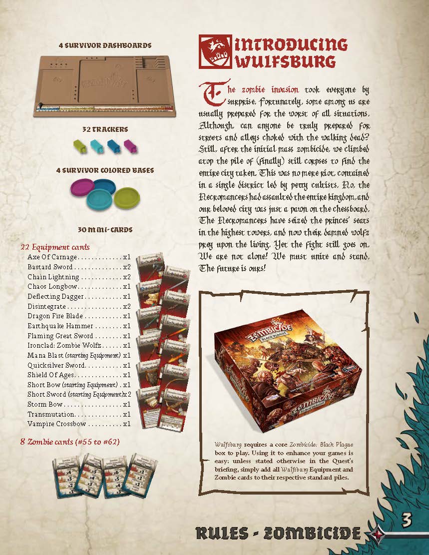 Zombicide: Black Plague Wulfsburg Expansion Game Set Rulebook Page 3 Cards & Introduction