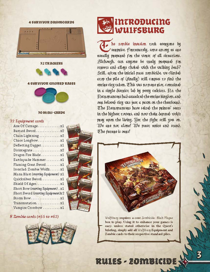Zombicide: Black Plague Wulfsburg Expansion Game Set Rulebook Page 3 Cards & Introduction
