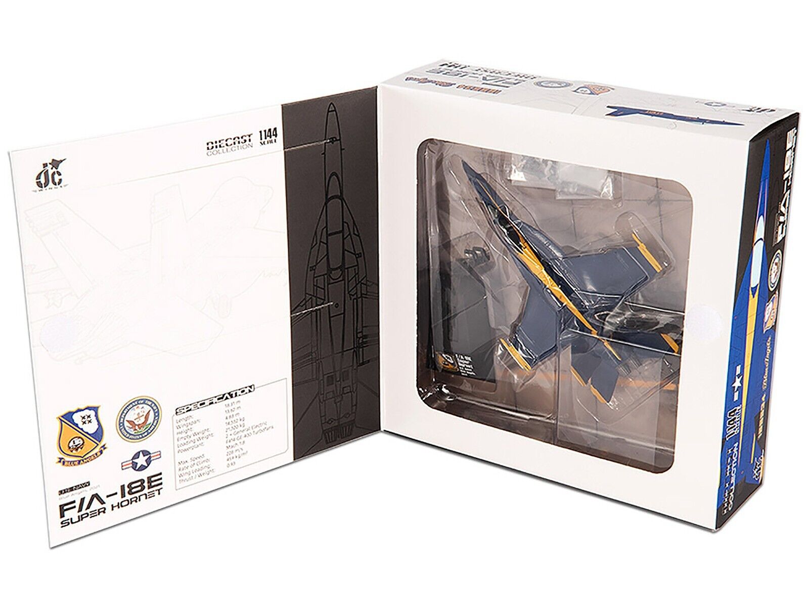 Boeing F/A-18E Super Hornet, Blue Angels 2021, 1:144 Scale Diecast Model Box Contents