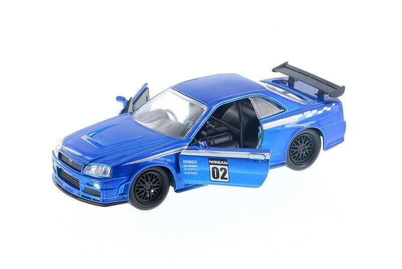 2002 Nissan Skyline GT-R (R34) (Metallic Blue),1:32 Scale Diecast Car Left Front View Doors Open