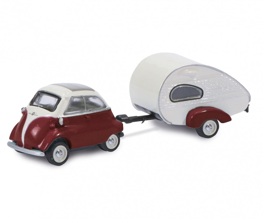 BMW Isetta with ES-Piccolo Caravan (Burgundy / White) 1:87 (HO) Scale Diecast Model