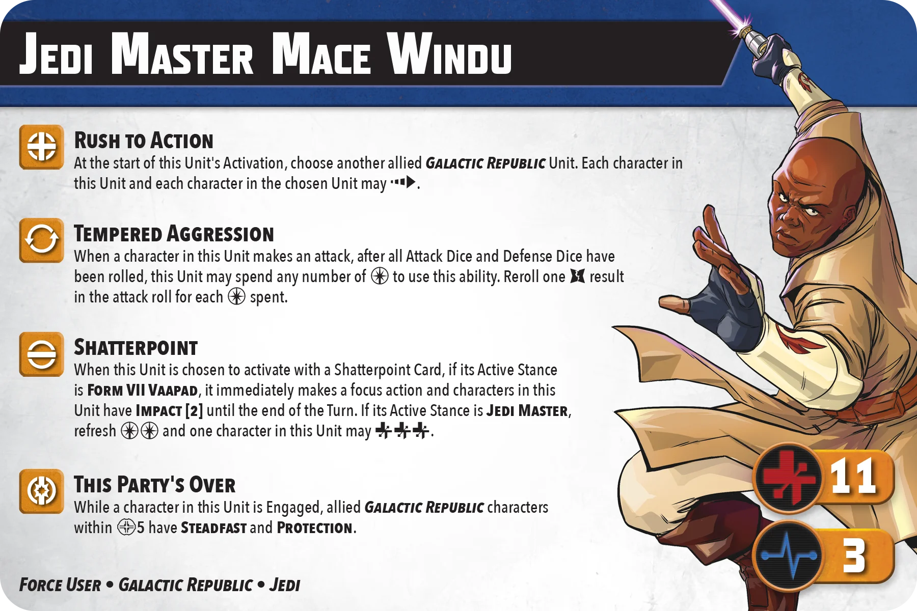 Back View Unit Stat Card for Mace Windu in the This Party's Over Squad Pack.