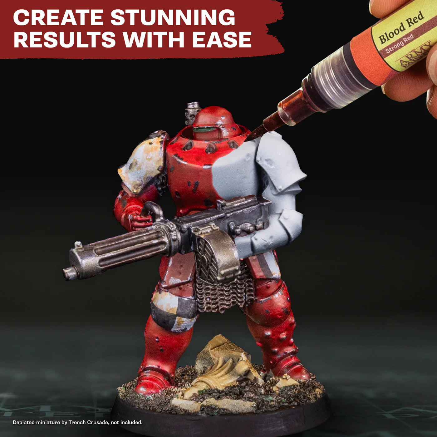 Demonstrating the Blood Red Speedpaint Marker being applied directly to a primed miniature for instant results.