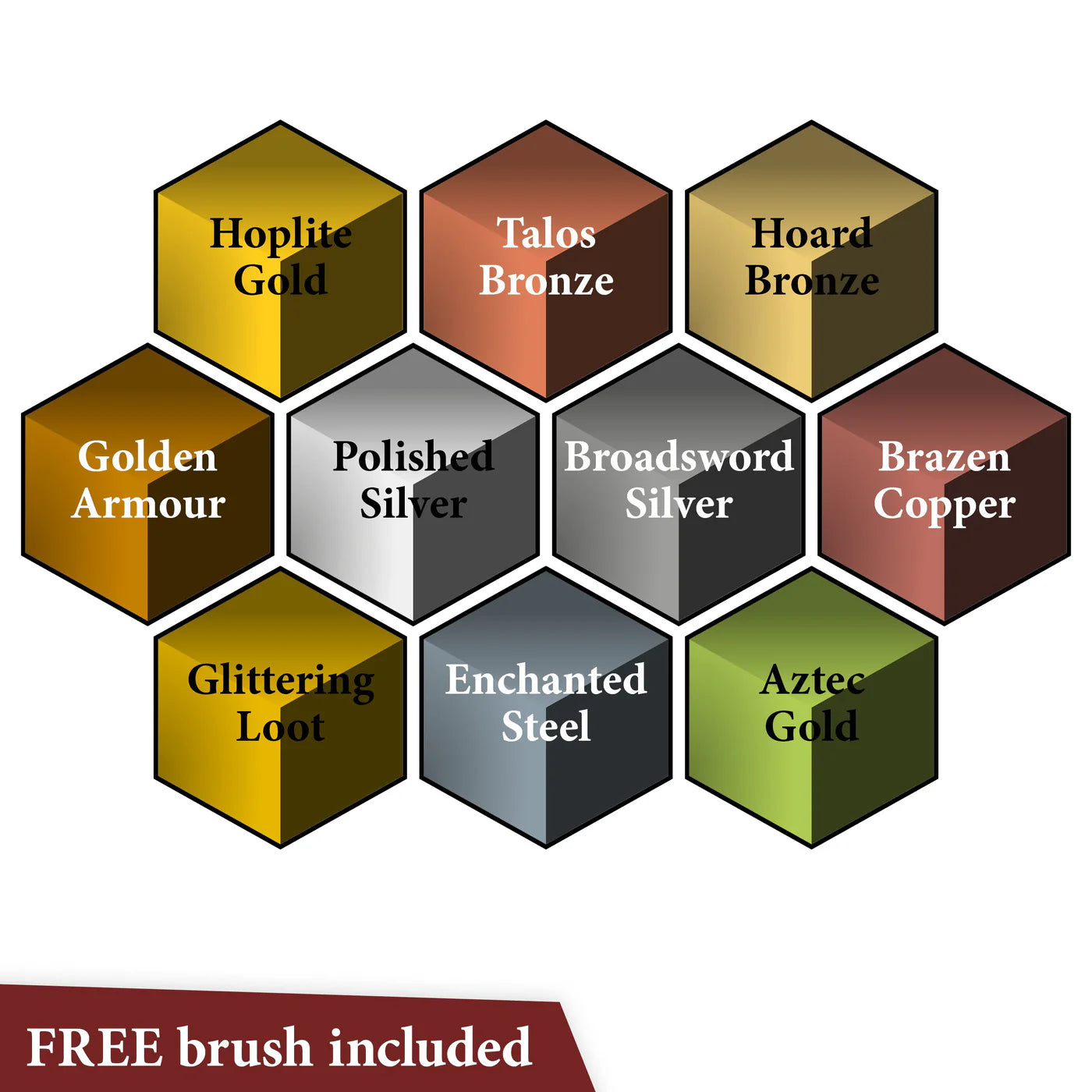 Detailed color swatch hexagons for all 10 metallics including Talos Bronze, Hoplite Gold, and Enchanted Steel.
