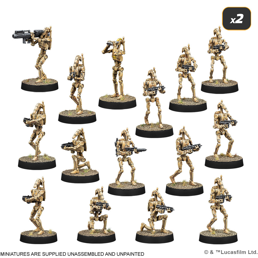 Detailed group view of assembled B1 Battle Droids,  miniatures.